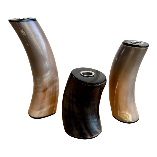 Set of 3 Sculptural Polished Horn Candlesticks – 1970s Organic Modern, Karl Springer Style For Sale