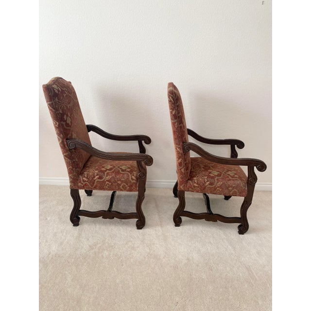 Late 20th Century Baroque Style Renaissance Revival Tuscan Tall Back Carved Open Armchairs Upholstered Seat and Back For Sale - Image 4 of 17