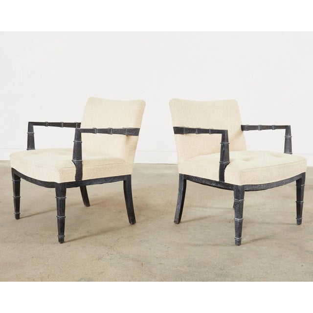 Modern Pair of Modern Cerused Oak Faux Bamboo Bouclé Armchairs For Sale - Image 3 of 12