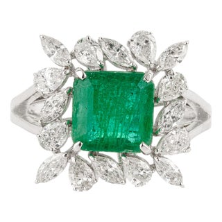 18k Gold 2.85ct Square Emerald & 1.19ct Diamond Cocktail Ring Size 4- Heirloom Jewelry For Sale