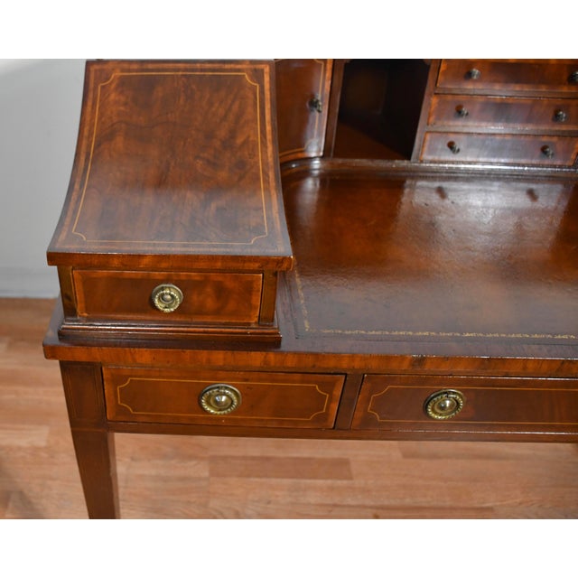 Traditional 1930s English Regency Mahogany Inlaid & Leather Top Carlton Writing Desk For Sale - Image 3 of 17