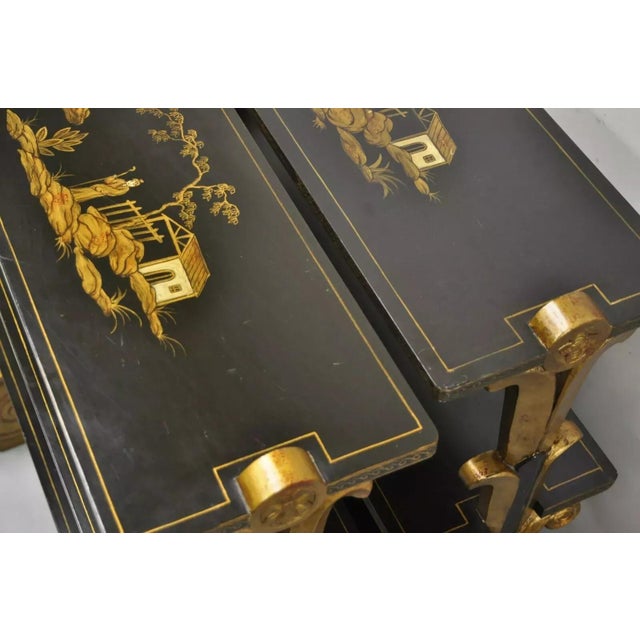 Black Mid 20th Century Regency Style Black & Gold 3 Tier Whatnot Stands Bookcase Shelf Curio - A Pair For Sale - Image 8 of 12