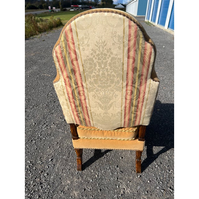French Provincial Vintage French Regence Gold Velvet Armchair With Embroidered Crest & Damask Back For Sale - Image 3 of 14