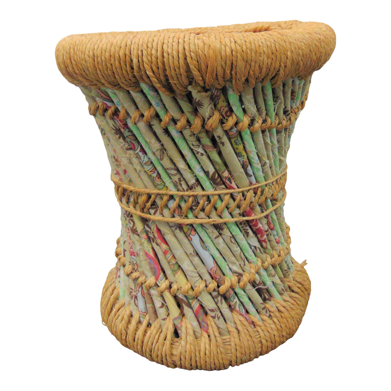 Mid-Century Woven Rope & Fabric Stool | Chairish