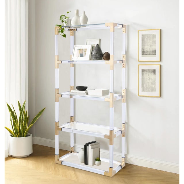 Modern Pasargad Home Mira Modern Glass Etagere Bookcase With Gold Accents & Acrylic Frame For Sale - Image 3 of 8