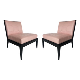 Magni Home Plaza Slipper Lounge Chairs, Pink Lambskin Upholstery, Pair, Ebonized Wood Finish For Sale