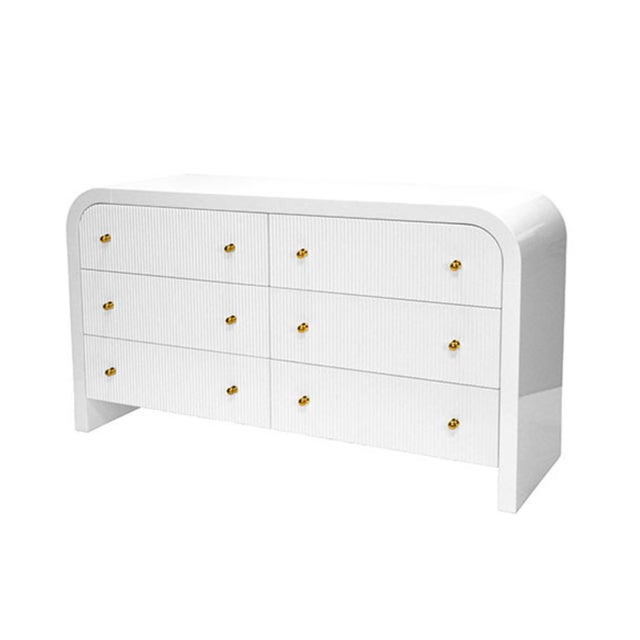 Contemporary Matthew Izzo Home Valentina Fluted Glossy White Lacquer Waterfall Edge Six Drawer Chest With Polished Brass Knobs For Sale - Image 3 of 6