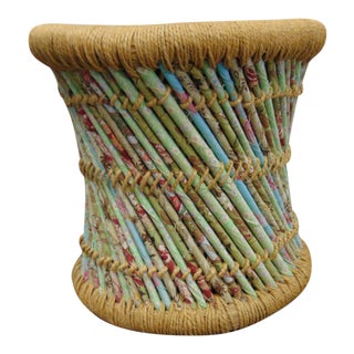 Mid-Century Woven Rope & Fabric Stool For Sale