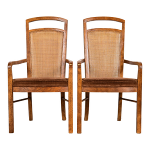 Drexel Heritage Mid-Century Modern Walnut and Cane High Back Armchairs or Dining Captain Chairs, Pair