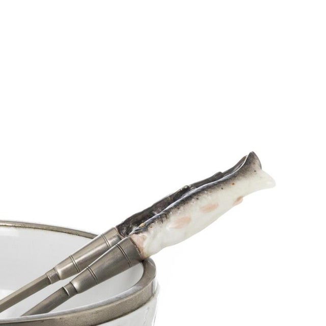 Porcelain Salad Bowl with Serving Utensils, Set of 3 For Sale - Image 4 of 6