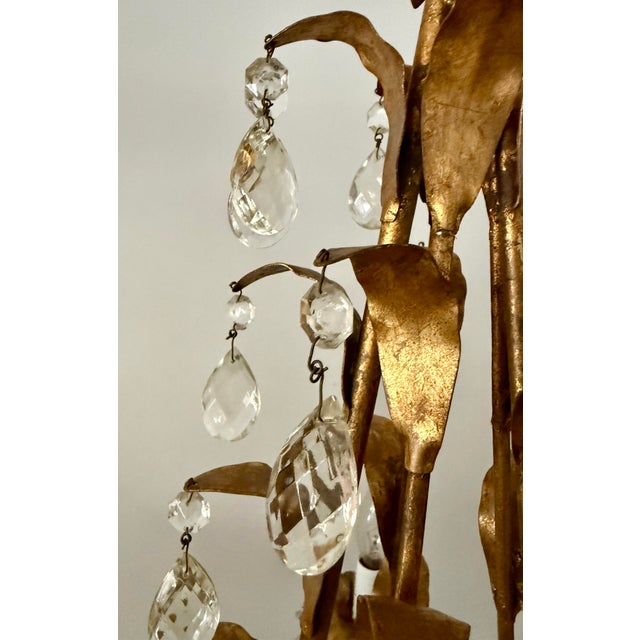 Mid 20th Century Hollywood Regency Gilt Tole Leaf & Crystal 5-Light Chandelier For Sale - Image 11 of 12