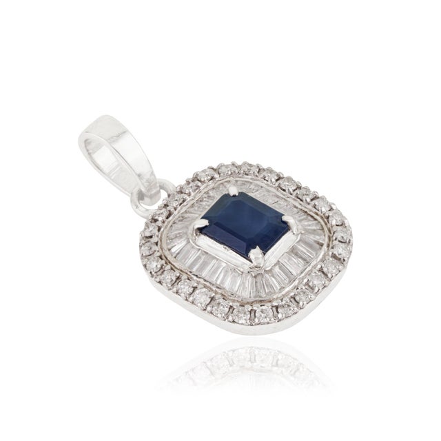 Radiant Emerald-Cut Deep Blue Sapphire & Diamond Halo Pendant in 14k Gold For Sale - Image 4 of 14