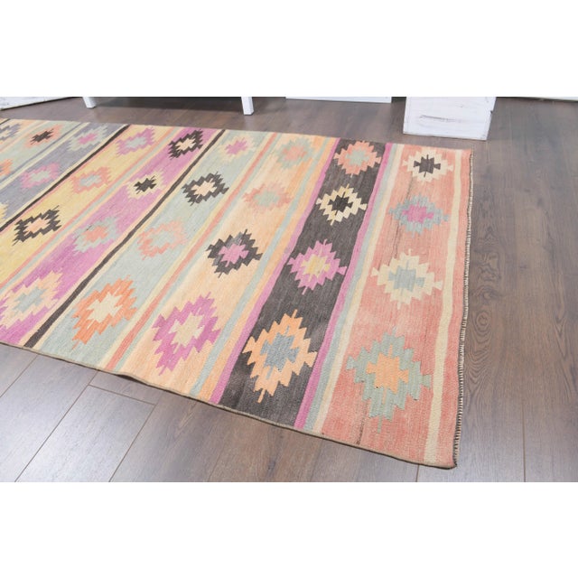 Green Vintage Turkish Oushak Handmade Wool Cotton Green Kilim Runner Rug For Sale - Image 8 of 9