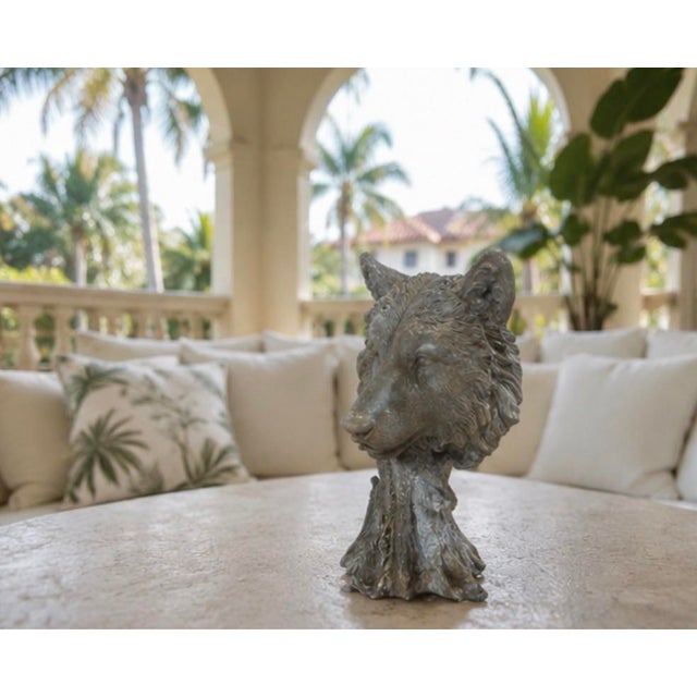 Slate Gray Vintage Cast Iron Wolf Bust Garden Statue For Sale - Image 8 of 12
