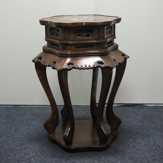 Pair of Huali Rosewood Hexagonal Plant Stands Inlaid With Mother-of-Pearl For Sale - Image 4 of 10