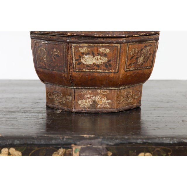 Chinese Antique Lacquered Gift Delivering Basket with Hand Painted Floral Décor For Sale - Image 11 of 13
