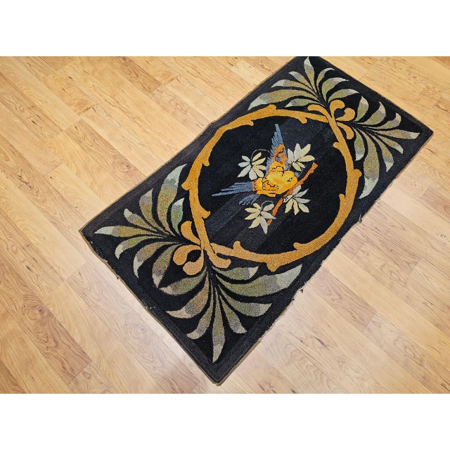 Vintage American Hand Hooked Rug, Bird on a Tree Branch Design, Folk Art Tapestry, 3x5 For Sale - Image 4 of 15
