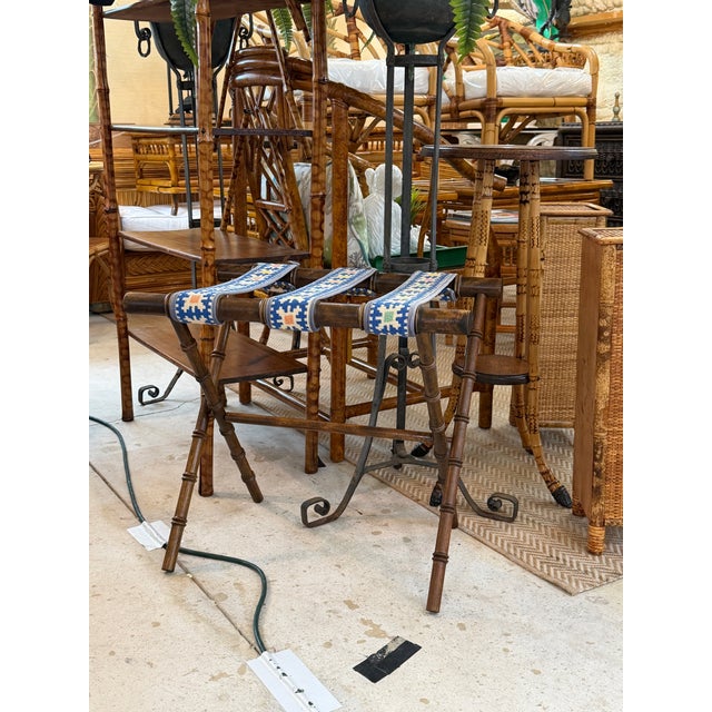 Vintage Walnut Faux Bamboo Folding Luggage Rack With Needlepoint Straps For Sale - Image 11 of 11