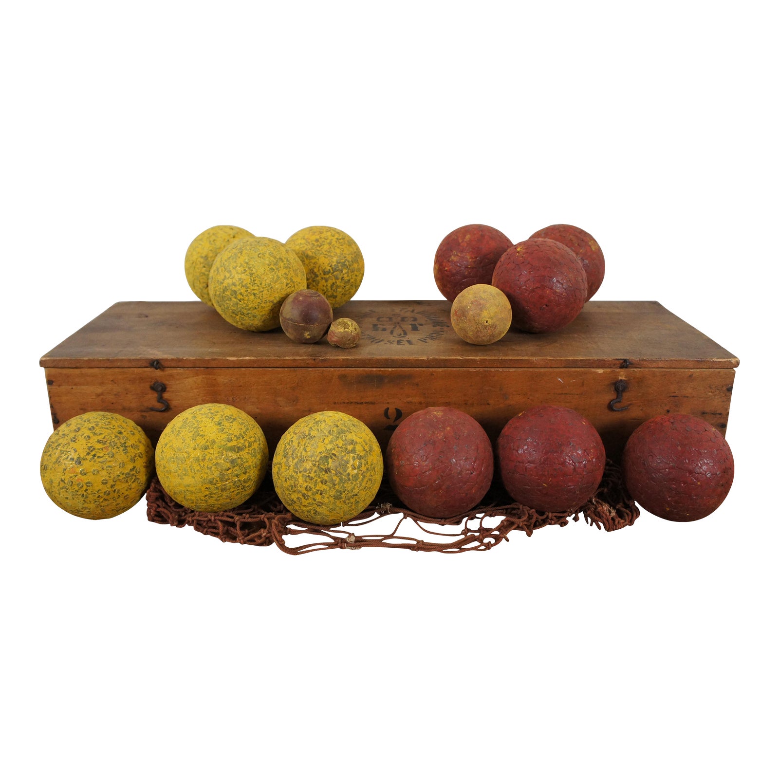 Ancien Jeu De Boules De Bowling Sur Pelouse – Pétanque 7 Pièces – Rouge Et Vert – Vintage