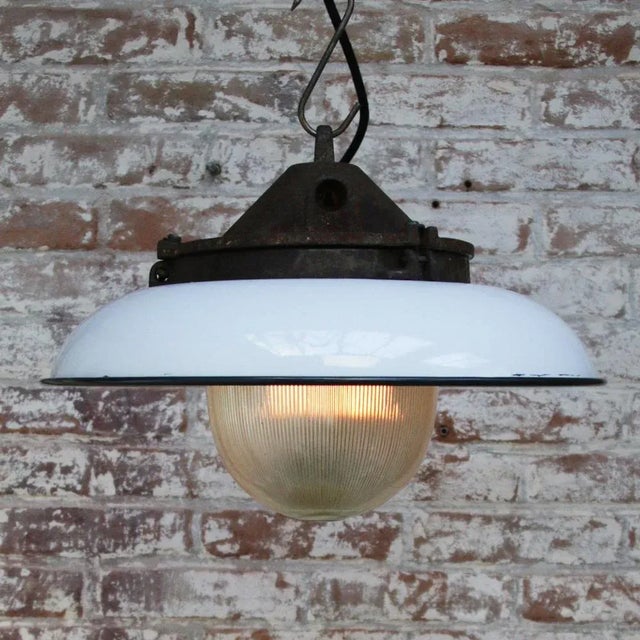 Industrial White Enamel and Cast Iron Holophane Glass Pendant Light, 1950s For Sale - Image 6 of 8