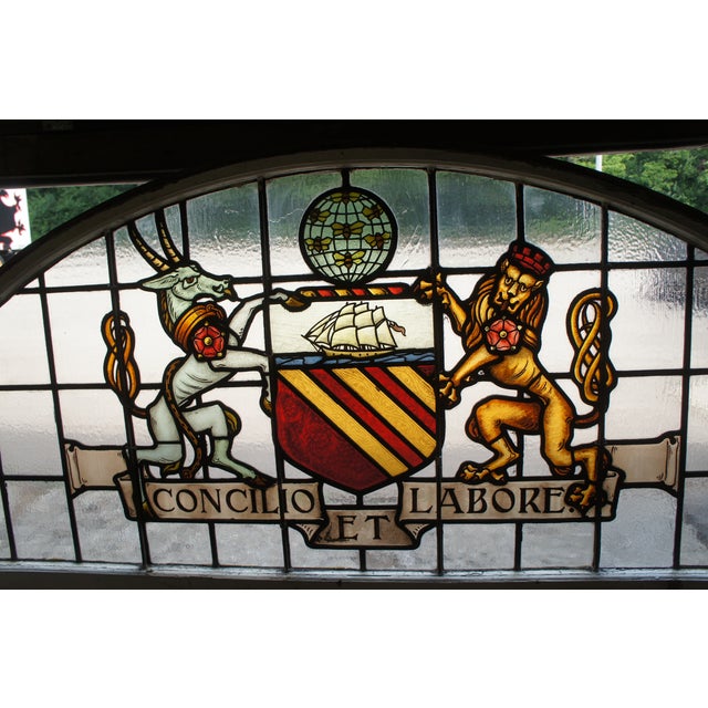 Late 19th Century Set of 2 Antique Manchester English Stained Glass Palladian Windows Coat of Arms For Sale - Image 5 of 12