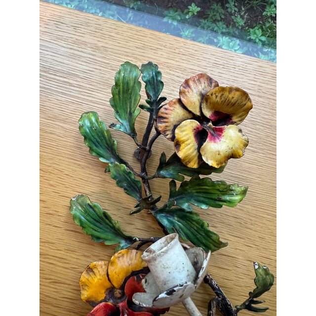 Midcentury Italian S. Salvadori Hand Painted Tole Candle Sconce With Pansy Motif For Sale - Image 9 of 10