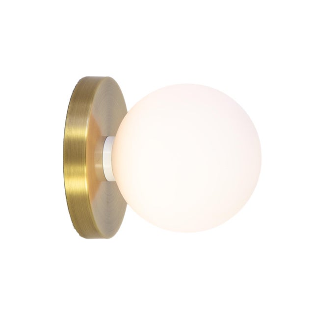Brass Globe Sconce Brass, Modern, 5 Inch Glass Globes, by Research.Lighting, Modern, Minimal For Sale - Image 8 of 8