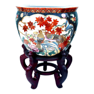 Vintage Chinoiserie Porcelain Fish Bowl Planter With Carved Wood Stand