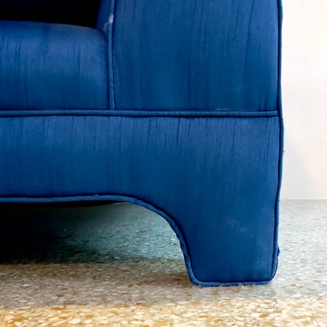 1980s Art Deco Chinoiserie Style Royal Blue Allover Upholstered 3-Seater Sofa For Sale - Image 12 of 16