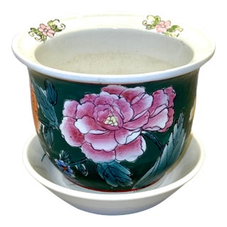 Green Floral Chinoiserie Planter With Tray For Sale