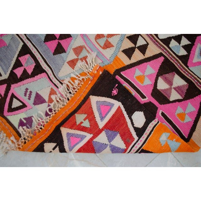 Vibrant Turkish Kilim Rug, 1966 Dated Vintage Tribal Rug, Pink and Orange Geometric Flatweave 6x8 Ft Approx For Sale - Image 13 of 18