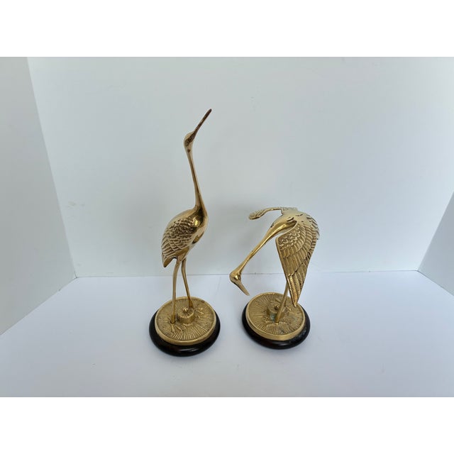 Mid-Century Modern Mid Century Modern Large Brass Crane Figures on Wood Base - A Pair For Sale - Image 3 of 12
