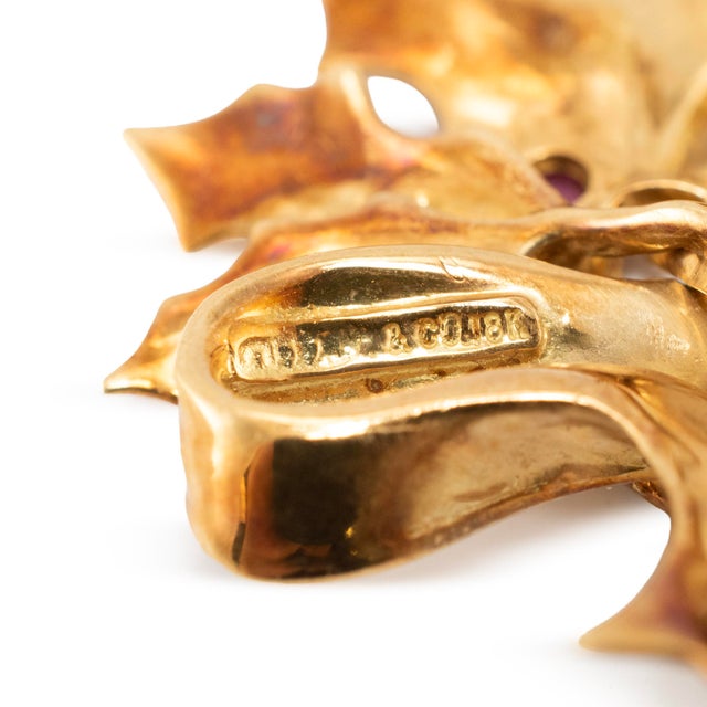 Metal Vintage Tiffany & Co. 18k Yellow Gold 0.06ct Cabochon Ruby Leaf Brooch For Sale - Image 7 of 8