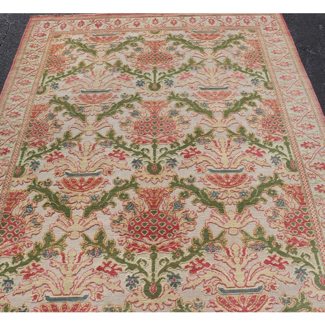 Antique Spanish Gallery Rug With Coral, Olive, and Cream Floral Design For Sale - Image 13 of 15