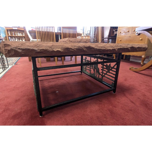 Metal John B. Mortensen Western Sculptural Stone-Top Table, Bronze Panel For Sale - Image 7 of 13