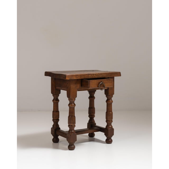 1970s French Chestnut Brown Oak Side Table with Single Drawer For Sale - Image 11 of 15