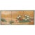 A six panel Japanese screen depicting a landscape scene peonies and sparrows against a gold backdrop of clouds and sky....