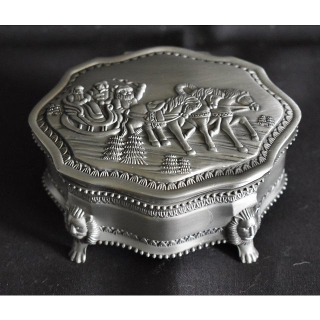 Textile Vintage Metal Trinket Box Lion Paw Feet Santa Sleigh Jewelry Box Velvet Lined For Sale - Image 7 of 15