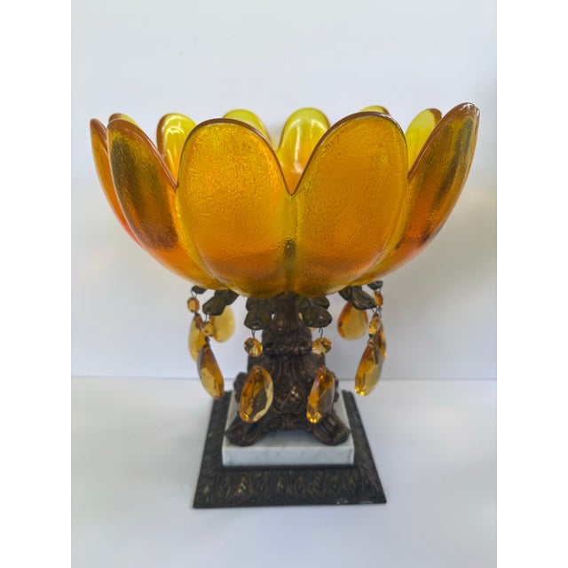 Amber Vintage Hollywood Regency Amber Glass Floral Centerpiece Bowl With Crystal Prisms & Marble Base For Sale - Image 8 of 12