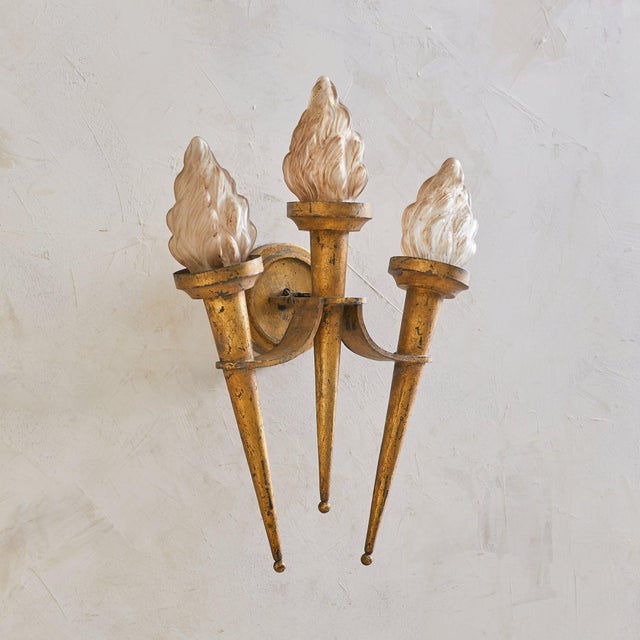 Modern 1960s French Gilt Metal Torch Sconces with Glass Shades No. 01 - a Pair For Sale - Image 3 of 6