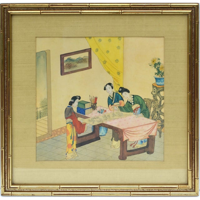 Early 20th Century Qing Dynasty Giltwood Faux Bamboo Framed Chinese Family Painting, Chinese Hand Painted Original...