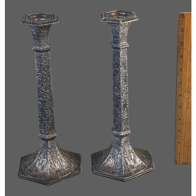 Antique Ornate Victorian Pair Repousse Tavern Dutch Scene Silverplate Derby Candlesticks Marked For Sale - Image 11 of 12