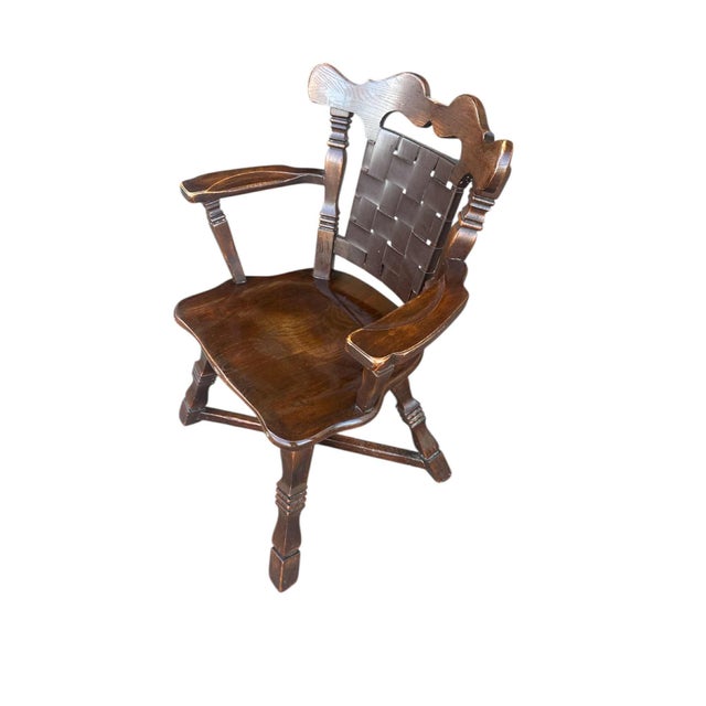 Classic Romweber Viking Oak dining chairs. The span of the two arm chairs is 25.5”. Side chairs are 18.5 wide. See the...