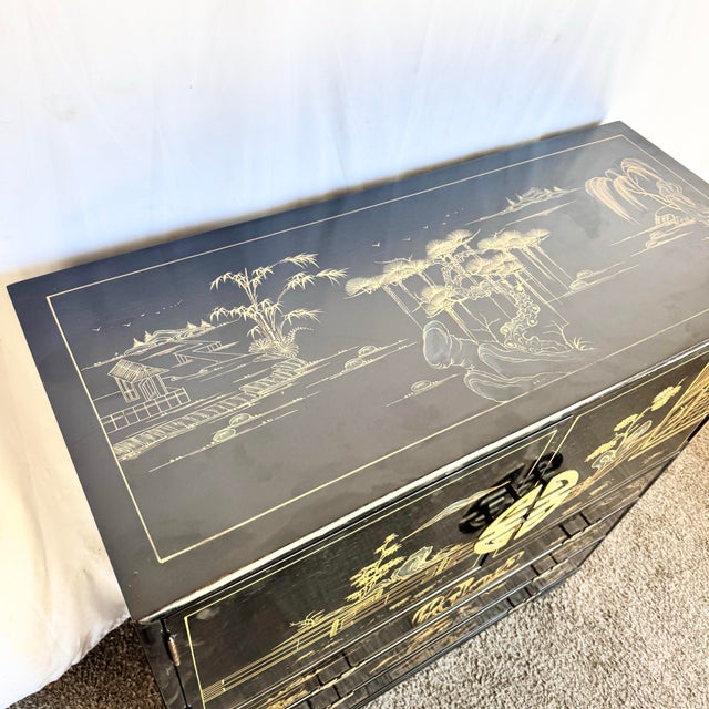 Chinese Mid 20th Century Chinese Black and Gold Hand Painted Highboy With Red Velvet For Sale - Image 3 of 11