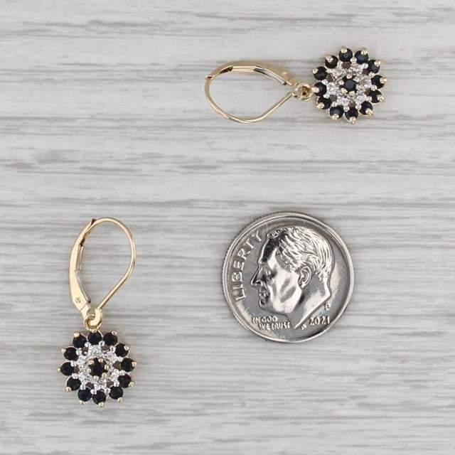 Late 20th Century Late 20th Century Pair of 0.96ctw Sapphire Diamond Flower Cluster Dangle Earrings 14k Gold Lever Backs For Sale - Image 5 of 5