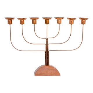 Large Vintage Brass and Elm Candelabra, 1940s For Sale