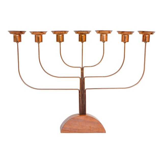 Large Vintage Brass and Elm Candelabra, 1940s For Sale