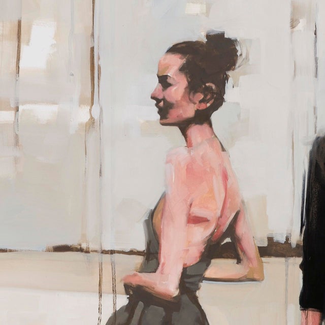 Early 21st Century Land by Michael Carson | Oil on Panel Three figures in stylish outfits standing together For Sale - Image 5 of 5