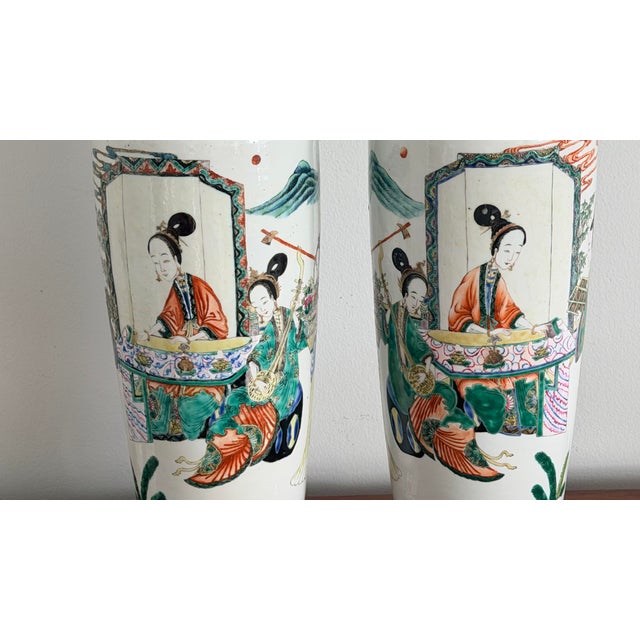 Monumental Late 19th Century Chinese Famille Verte Porcelain Rouleau Vases Set as Lamps Pair For Sale - Image 10 of 12