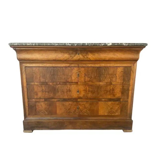Louis Philippe Style Burl Walnut Chest of Drawers. This elegant antique chest of drawers is crafted in richly figured burl...